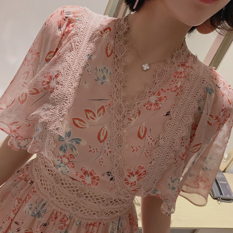 Váy hoa voan maxi dài qua gối phong cách tiên nữ Pháp thắt eo — Phấn hoa vụn chi tiết 10