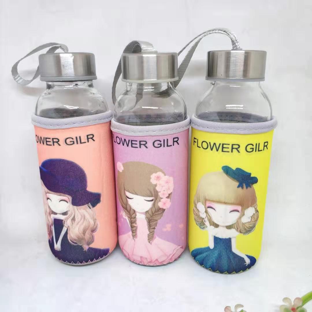 現貨300ml帶各種圖案布套玻璃水杯 廣告禮品促銷隨手杯  量大優惠