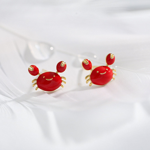 Pure Silver 925 Lady Red Small Crab Ear Stud Earrings - New Year Simple Cute Ear Ring with Korean Personality and Style