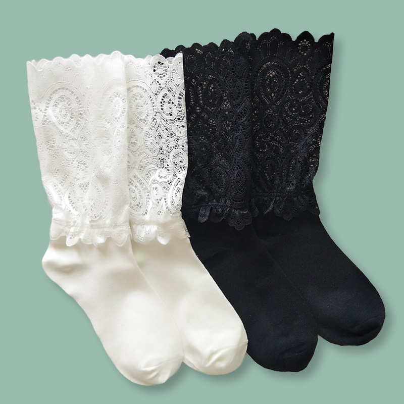 lace Socks summer Medium hose Black and white Piles of socks Cotton