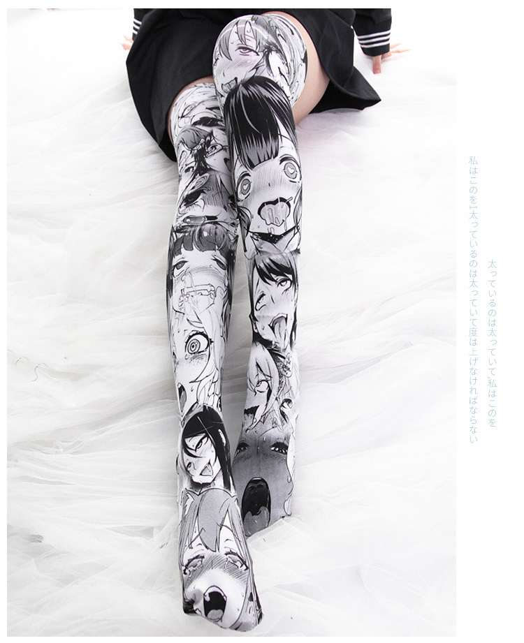 Printed AHEGAO Anime Thigh High Socks 