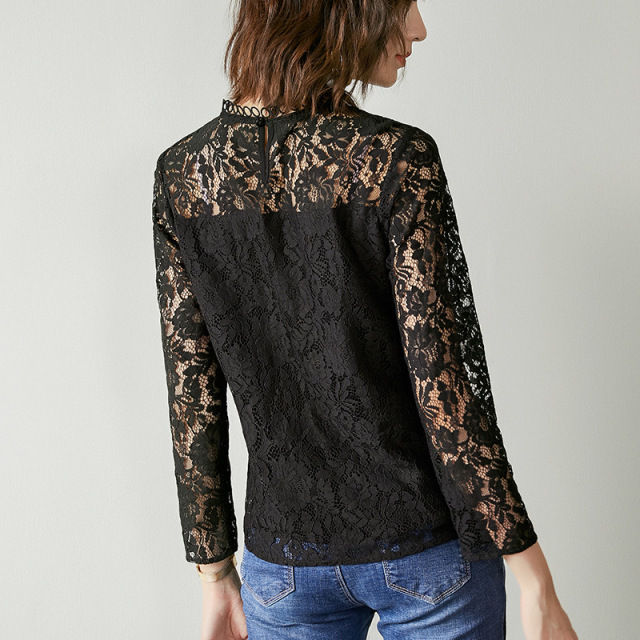 Autumn new round neck hollow long-sleeved lace shirt fashion shirt 