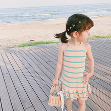 女童連衣裙2022夏季新款童裝中小童女寶寶條紋彈力背心沙灘裙 棉
