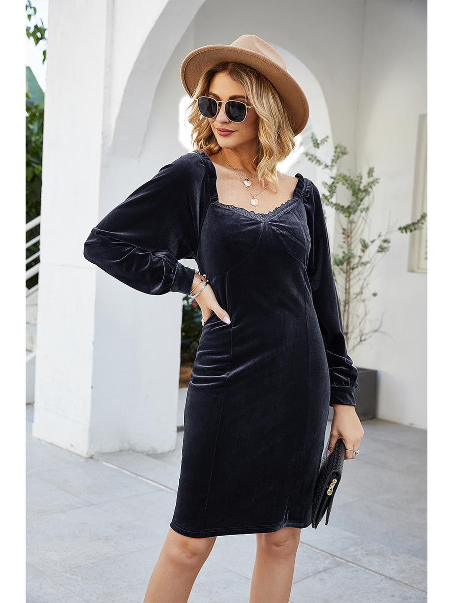 velvet slim long-sleeved hip dress NSAL10201