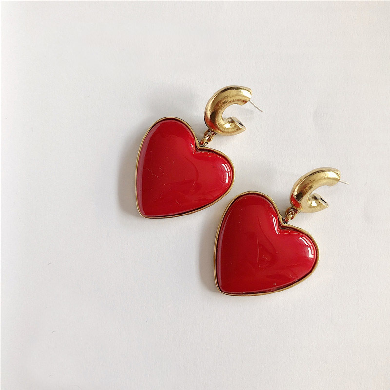 Alloy Material Heart Pattern Women'S Gender Retro Exaggerated Personalized Red Heart-shaped Sterling Silver Needle Earrings