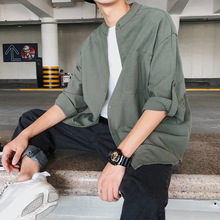 夏装日系文艺复古立领宽松卷扣半袖衬衫男士薄款棉麻七分袖衬衣潮