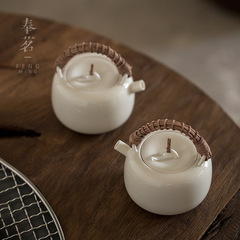 White Porcelain Series Fine Pottery Teapot with Woven Bamboo Handle Ceramic Gongfu Tea Set Tea Ceremony Tea Brewer