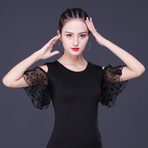 Women black Latin dance tops for female practice dance clothes modern ballroom dance tops rumba salsa chacha lace short-sleeved dance clothes