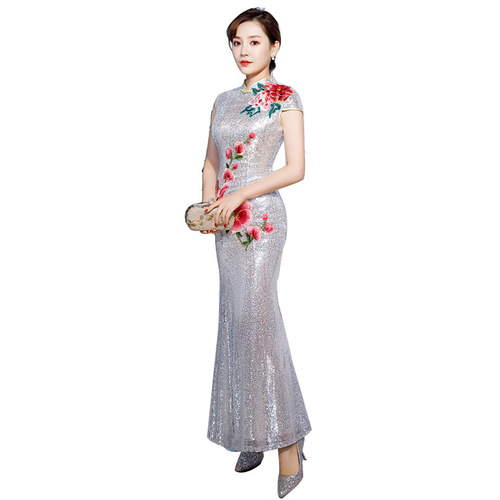 Women sequined Chinese dresses host singers performance Cheongsam miss etiquette fishtail character lady cheongsam