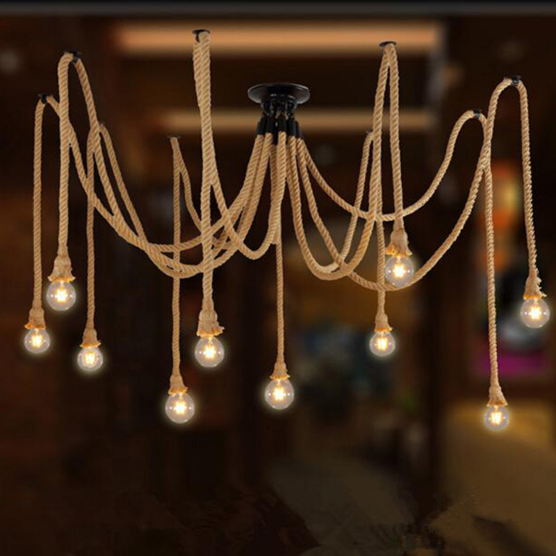 Cuerda de cáñamo hembra flor suelta araña creativa retro estilo industrial oficina tienda de ropa restaurante Araña multi-cabeza lámpara de cuerda de cáñamo