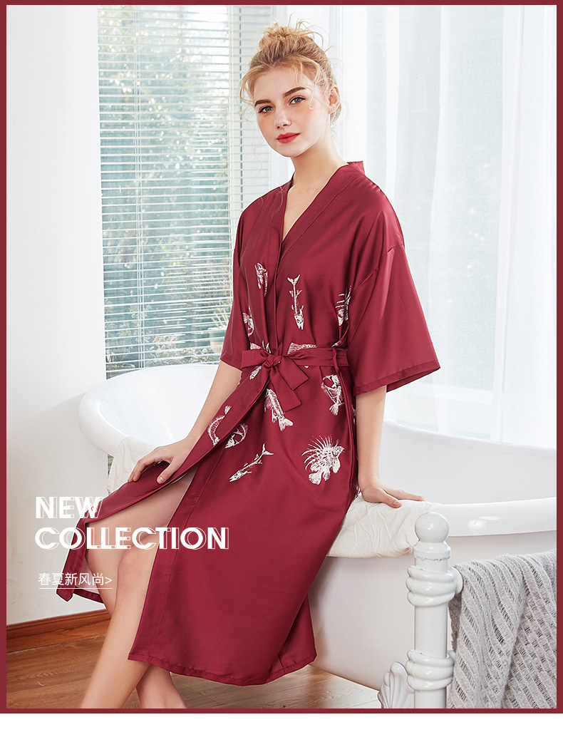 أزياء بسيطة الحرير منامة المرأة الصيف طويل الأحمر ثوب النوم مبذل الجملة Nihaojewelry display picture 16