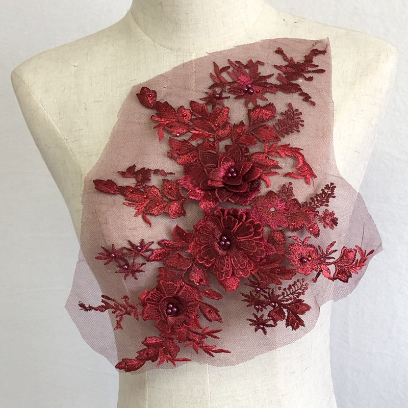 彩色立体花朵钉珠烫钻网纱刺绣面料蕾丝贴花礼服布贴修补丁JX567-阿里巴巴