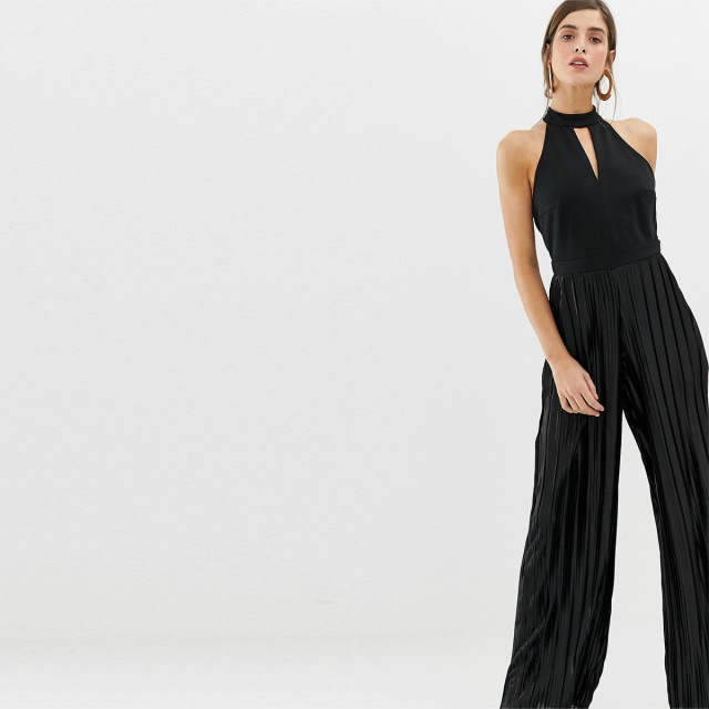 open-backed pleated button-type neck-hanging broad-legged pants