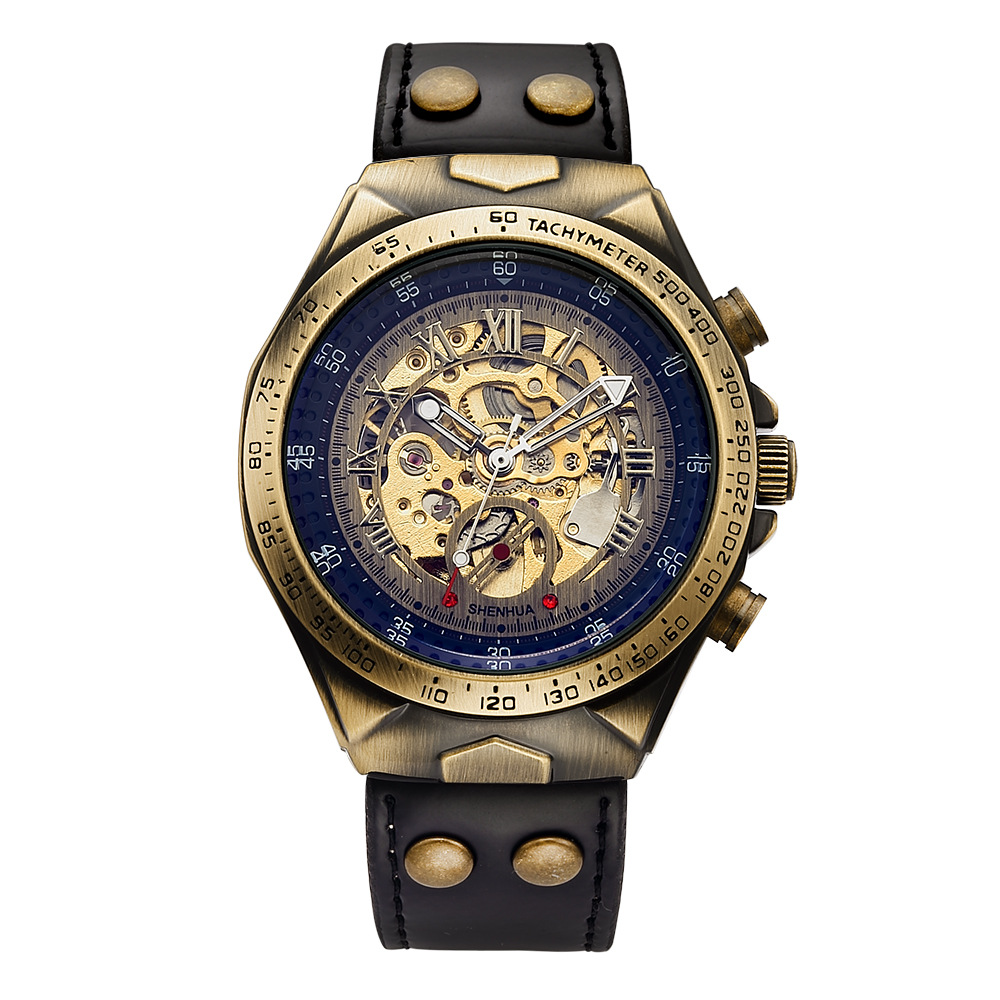 72g Weight Tempered Glass Mirror Material Genuine Leather, Steel Belt Strap Material Watch Classification Pointer Display Type Butterfly Double Snap, Buckle Buckle Style Round Dial Shape Casual, Daily Occasion Mechanical Movement Color Block Pattern All Seasons Season Men's Gender Retro Style Retro Color Block Butterfly Double Snap Buckle Mechanical Watch Men's Watches 1