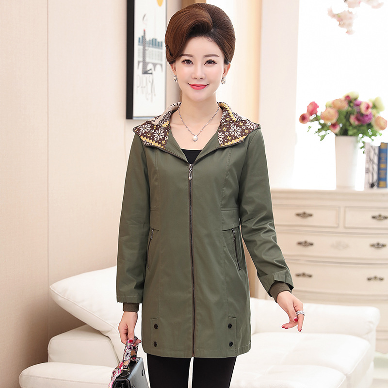 2019新款春秋连帽风衣中长款中老年女装夹克时尚妈妈装上衣外套批|ru