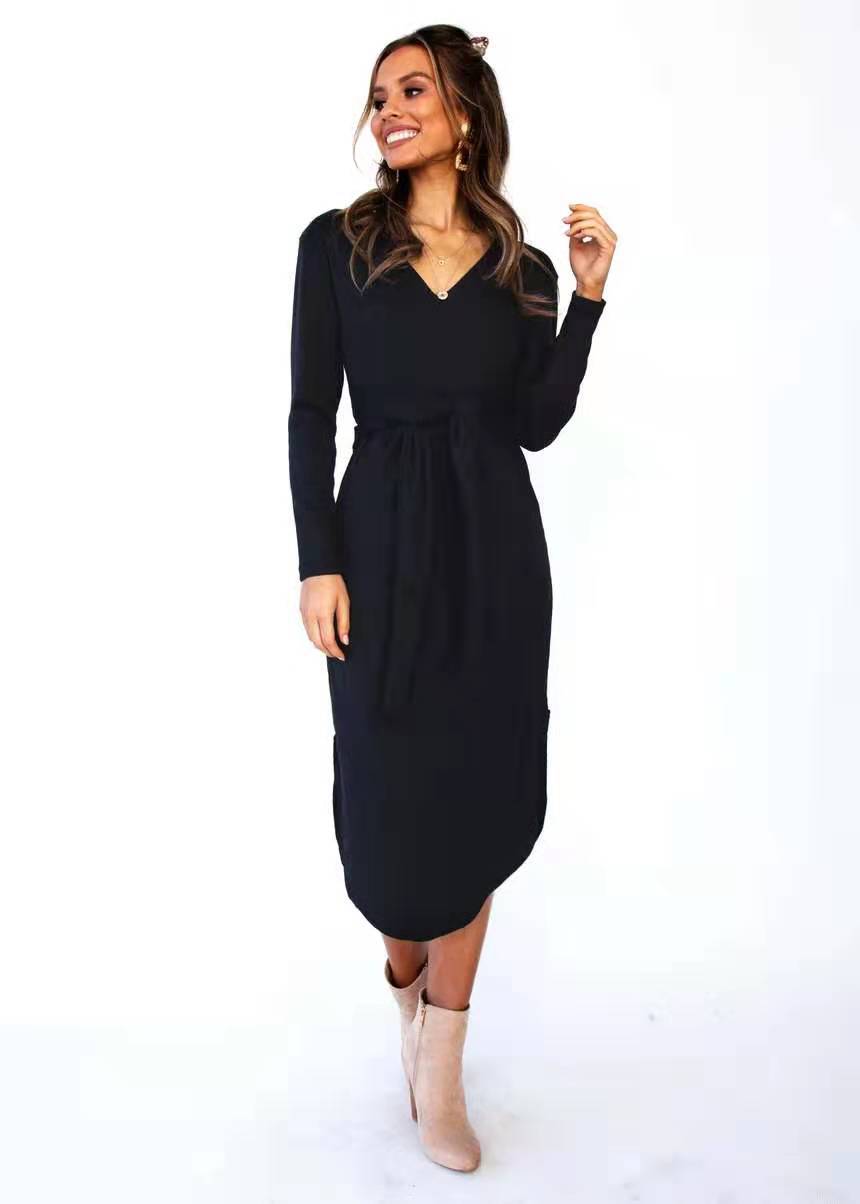  V-neck long-sleeved lace-up solid color mid-length dress  NSYD3739