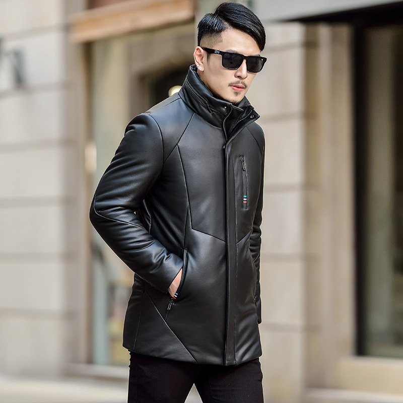 New Haining leather down jacket men's long section youth collar slim casual skin coat warm standing