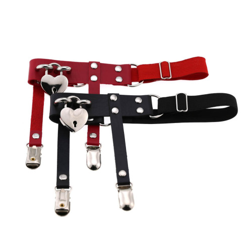 Trendy Japanese and Korean Harajuku soft girl peach heart love lock garter punk leather handmade elastic thigh ring