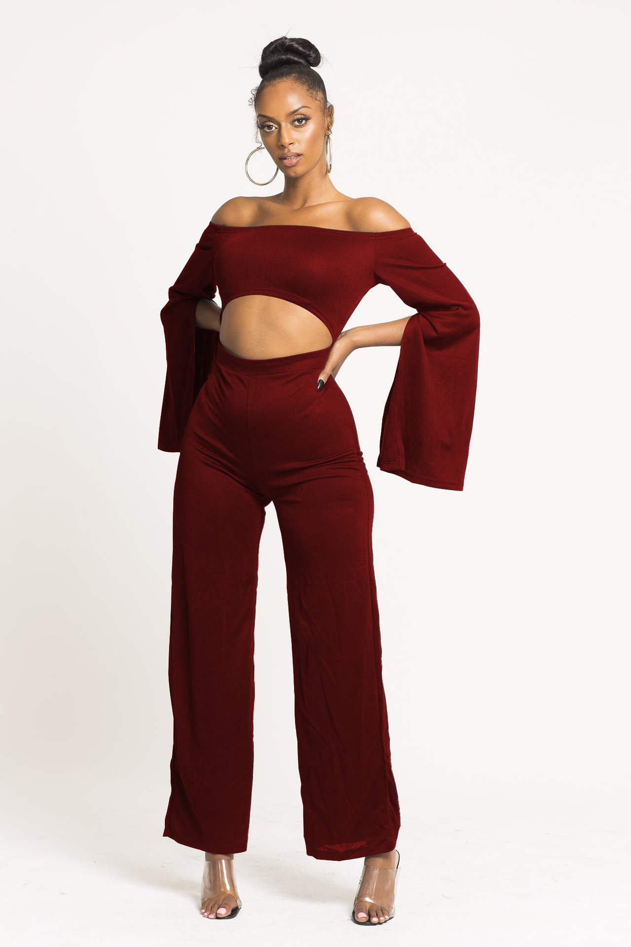 Boutique Casual Solid Color Long Sleeves Cropped off Shoulder Jumpsuit