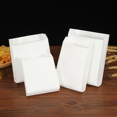 White oilproof paper bag for fried chicken wings and chicken cutlets takeout food packing bag blank accordion bag pointed bottom packaging paper bag