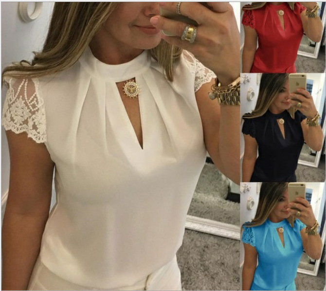 2019 women's shirt high collar deep V back zipper lace sleeve stitching stand collar shirt 4 colors in stock