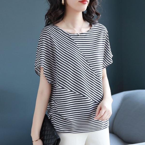 Stripe Chiffon shirt short sleeve T-shirt loose New fashionable bat 