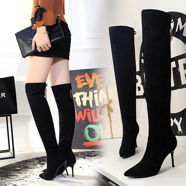 European and American fashion simple thin heel high heel pointed Suede Boots sexy show thin banquet knee high boots