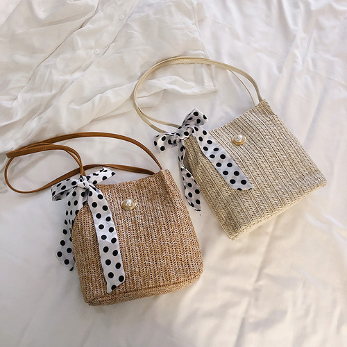 Manufacturer  new summer bow bag pp woven bag portable beach bag shoulder crossbody pearl bag