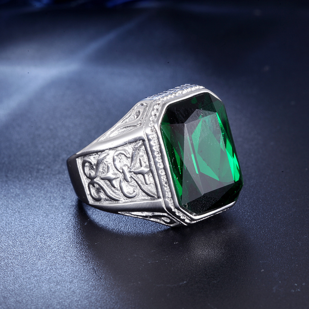 Titanium Steel Material Hip-Hop Square Titanium Steel Inlay Glass 18K Gold Plated Men'S Rings