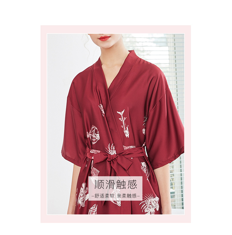 Fashion Simple Silk Pajamas Women Summer Long Red Nightgown Dressing Gown Wholesale Nihaojewelry display picture 12