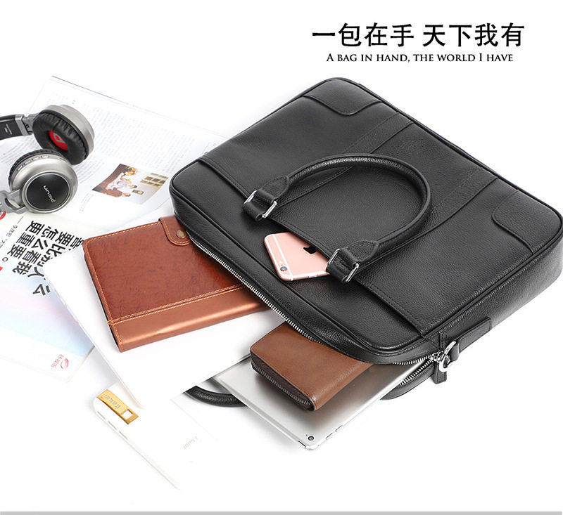 Túi xách công sở nam da bò thật dạng ngang đựng laptop 14 inch 39×28×8 cm — Màu đen dây nâu, Màu đen đường đen chi tiết 3