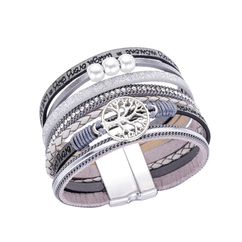 Daijing Jewelry Life Tree Magnetic Buckle Women's Bracelet Amazon Embossed Letters Leather Pearl Bracelet Hot Selling in Europe and America