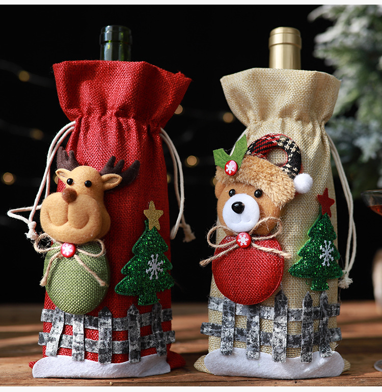 New Christmas Decorations Sackcloth Snow Cartoon Drawstring Wine Bottle Cover Lattice Doll Wine Bottle Bag Wholesale display picture 2