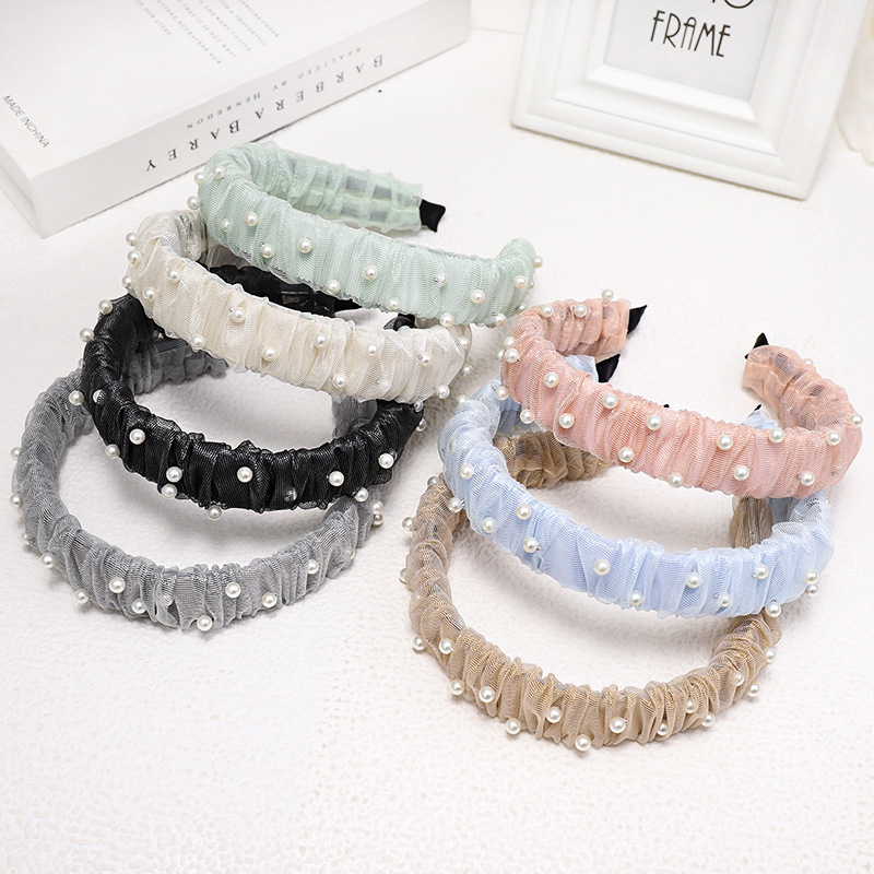 New  Lace Mesh Nails Pearl Wide-brimmed Headband Wholesale Nihaojewelry display picture 14