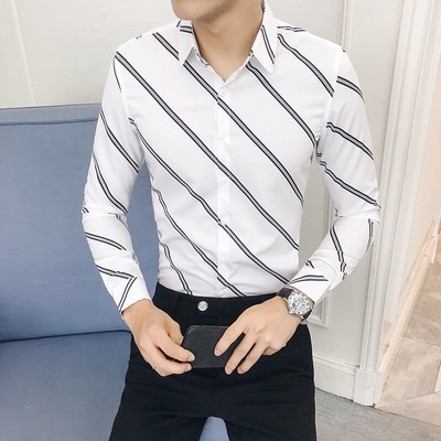 衬衫男士长袖韩版潮流春季新款青年条纹修身寸衫发型师帅气衬衣潮