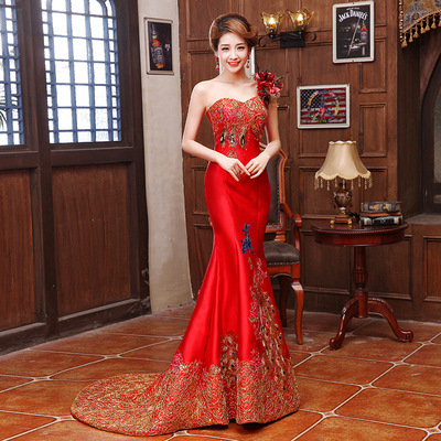 One shoulder long fishtail tuxedo evening dress party show cheongsam Robes chinoises