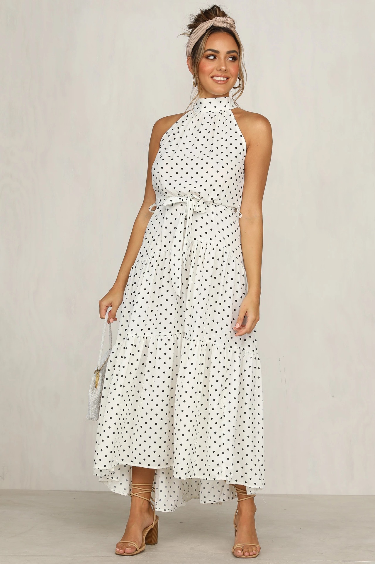 summer new women s polka dot round neck mid-waist sleeveless ruffled flounce dress NSYD3859