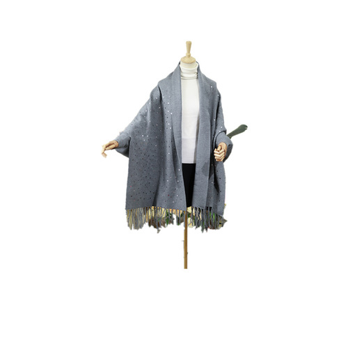 New sequined scarf shawl autumn and winter women's knitted solid color tassel cape large size loose coat to keep warm