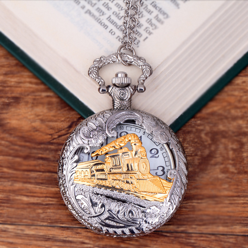 Nostalgic large white-faced black quartz pocket watch wholesale gold thin chain hollow locomotive pocket watch 1034 Nostalgic large white-faced black quartz pocket watch wholesale gold thin chain hollow locomotive pocket watch 1034