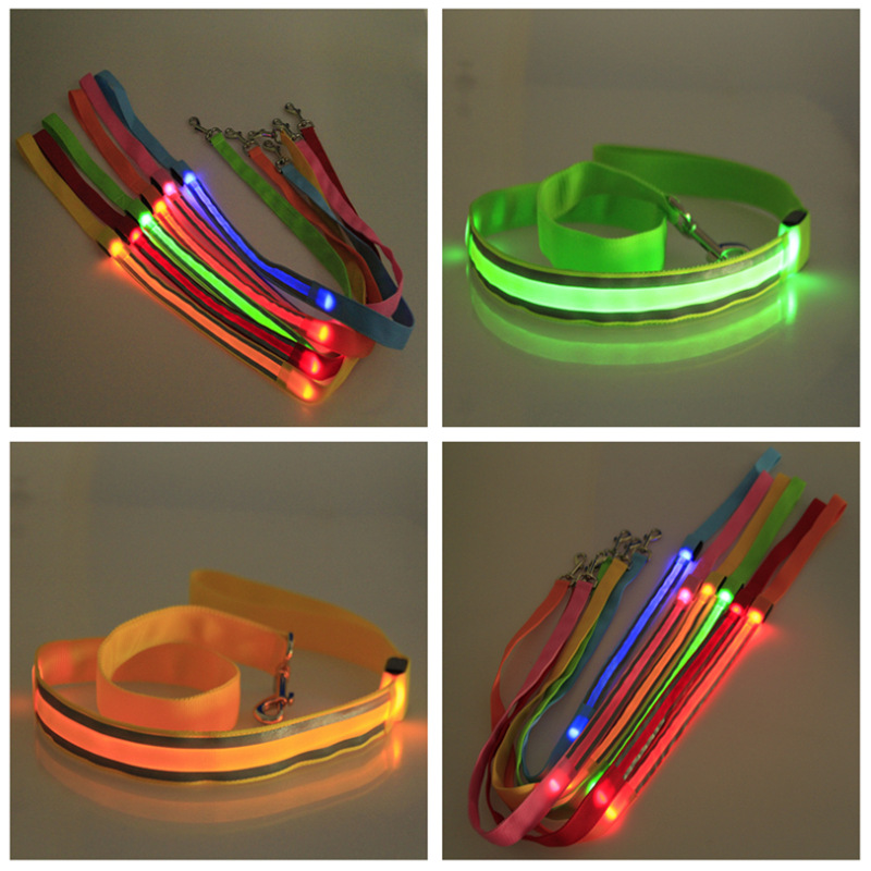 新款USB充电LED条纹反光宠物发光牵引绳LED牵引 闪光狗链 狗拉带