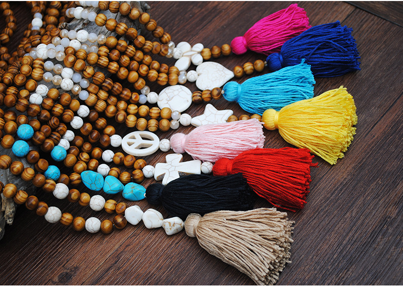 Retro Turquoise Pendant Wood Bead Bohemian Color Tassel Long Necklace display picture 2