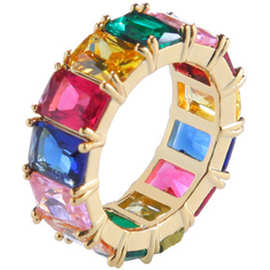 欧美跨境饰品 方形微镶彩虹色锆石戒指女 时尚嘻哈潮款宝石指环