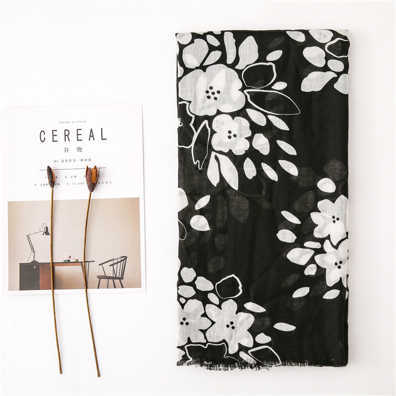 200g Weight Flower Pattern Women'S Gender Sweet Style Black And White Printed Cotton And Linen Scarf Sunscreen Scarf Silk Scarf Long Shawl 1