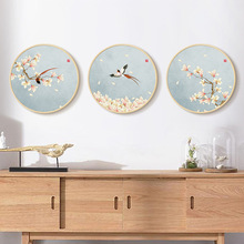 新中式圆形花鸟装饰画客厅背景组合挂画茶室玄关壁画卧室床头画