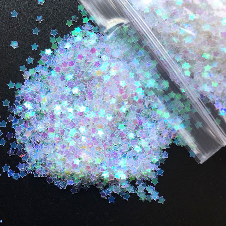 2mm iridescent holographic five-pointed star glitter, 35g bag, crystal clay foam gel material for nail art and phone cases, glitter flakes.