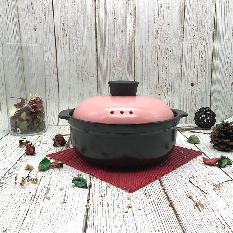 厂家直销潮州韩式平锅粉红盖明火耐高温陶瓷砂锅炖锅焖锅家用2升