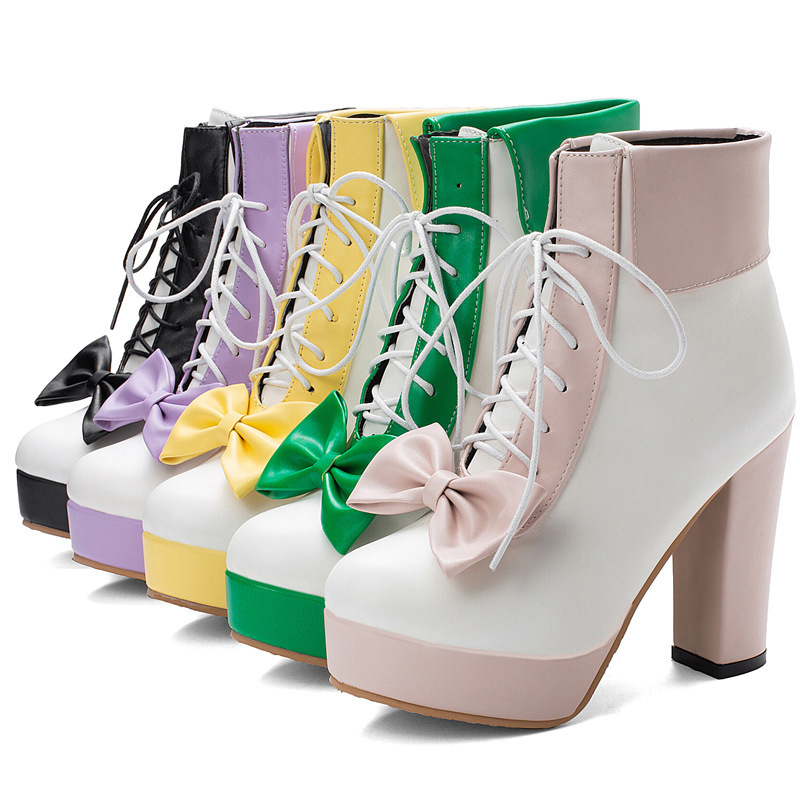 Autumn chunky heel super high heel platform color matching lace-up ankle boots lolita lolita plus size 40-48 foreign trade cross-border