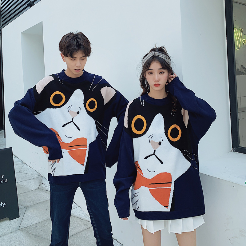 Men's Wool Sweater With Cat Pattern Round Neck Couple Knit Top_voghion.com