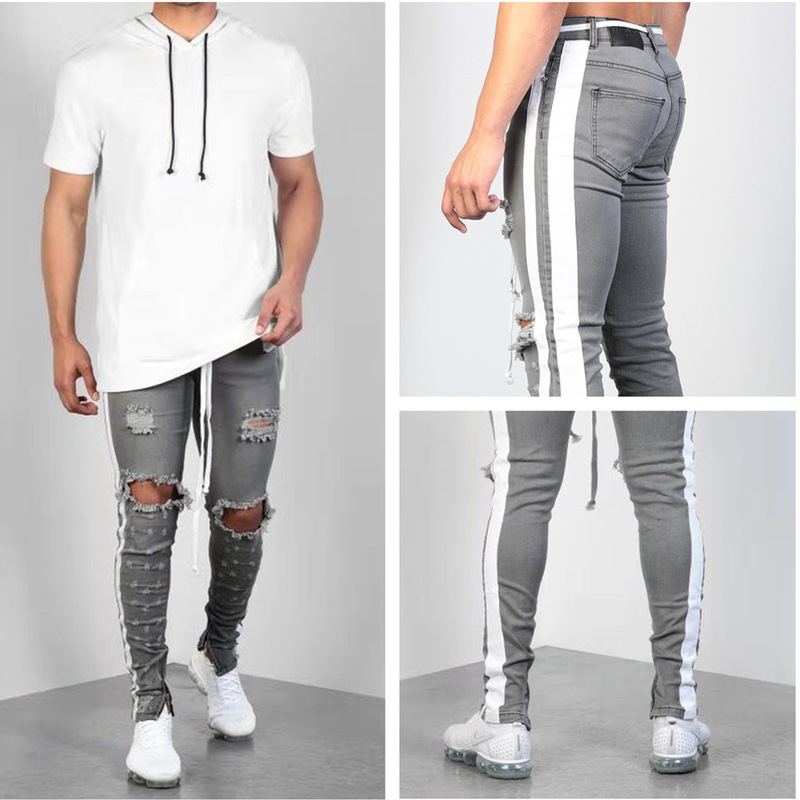 European and American New Jeans Men's Cross-border Knee Ripped Zipper Stitching Ribbon Jeans Men's European and American New Jeans Men's Cross-border Knee Ripped Zipper Stitching Ribbon Jeans Men's