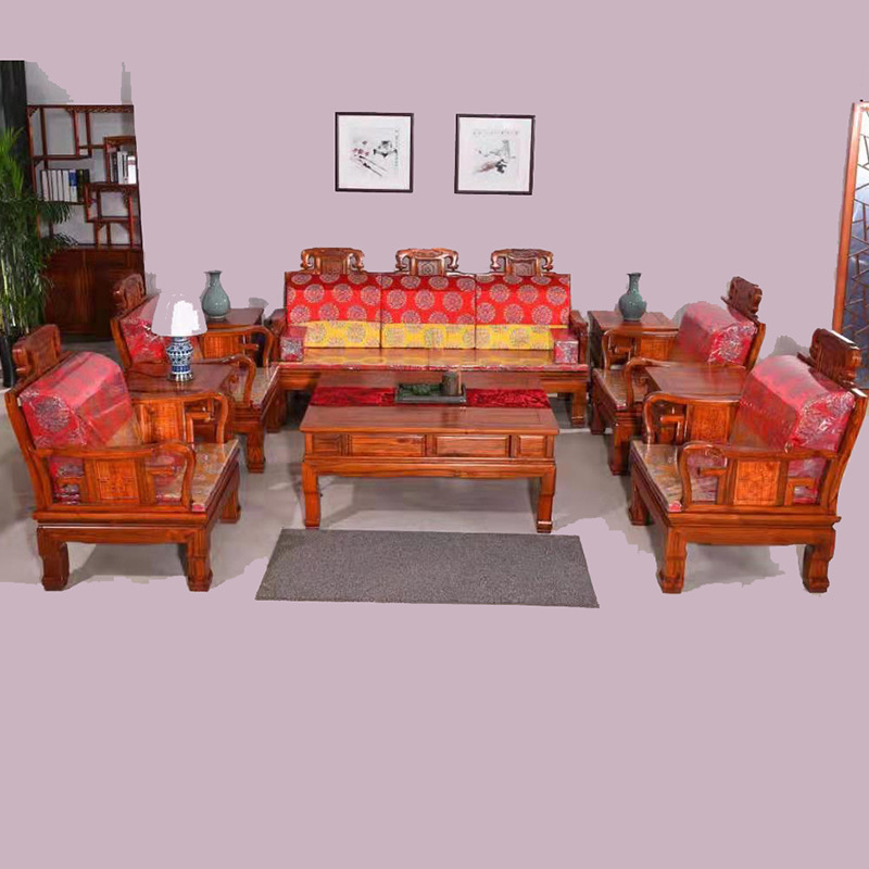 实木中式沙发雕花靠背 办公室沙发客户休闲座椅组合沙发仿古家具